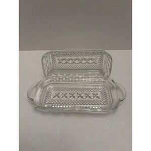 Vintage Clear Pressed Glass Butter Dish with Lid Diamond Point Starburst Pattern